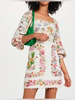 FARM RIO Floral Mini Dress Lace Inset Boho Size XS Cream Linen Blend Bird